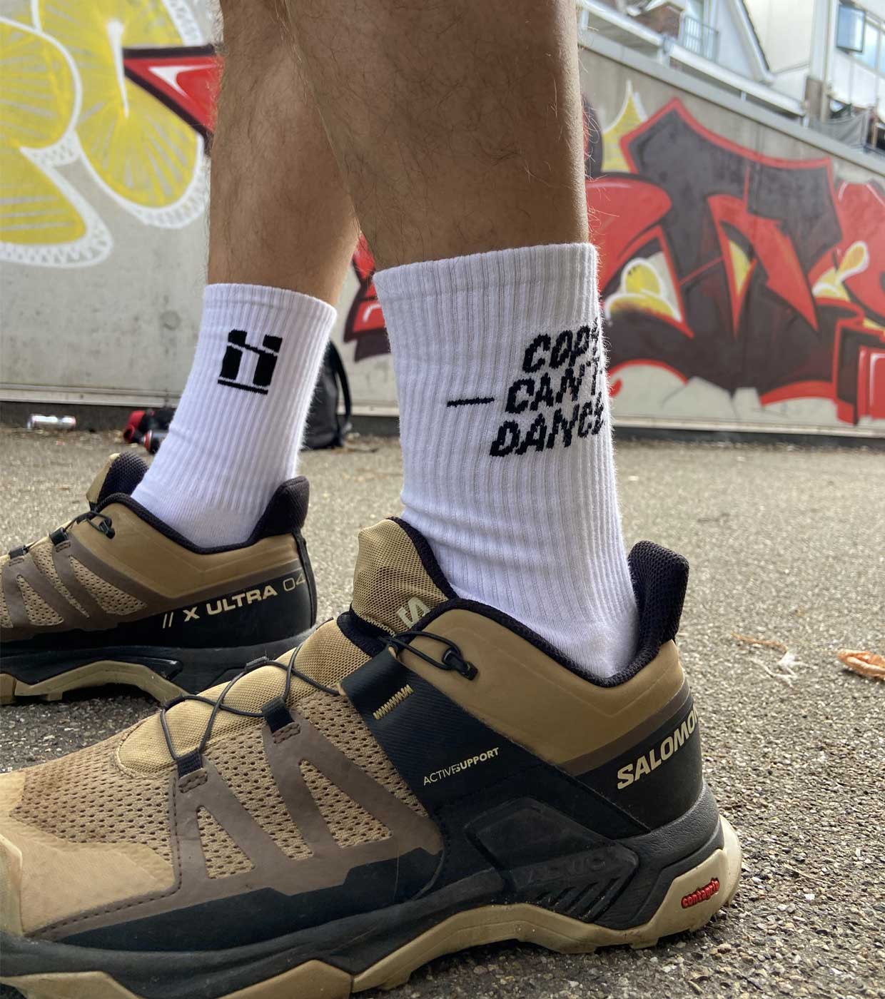 Mr. Serious cops can't dance socks white graffiti